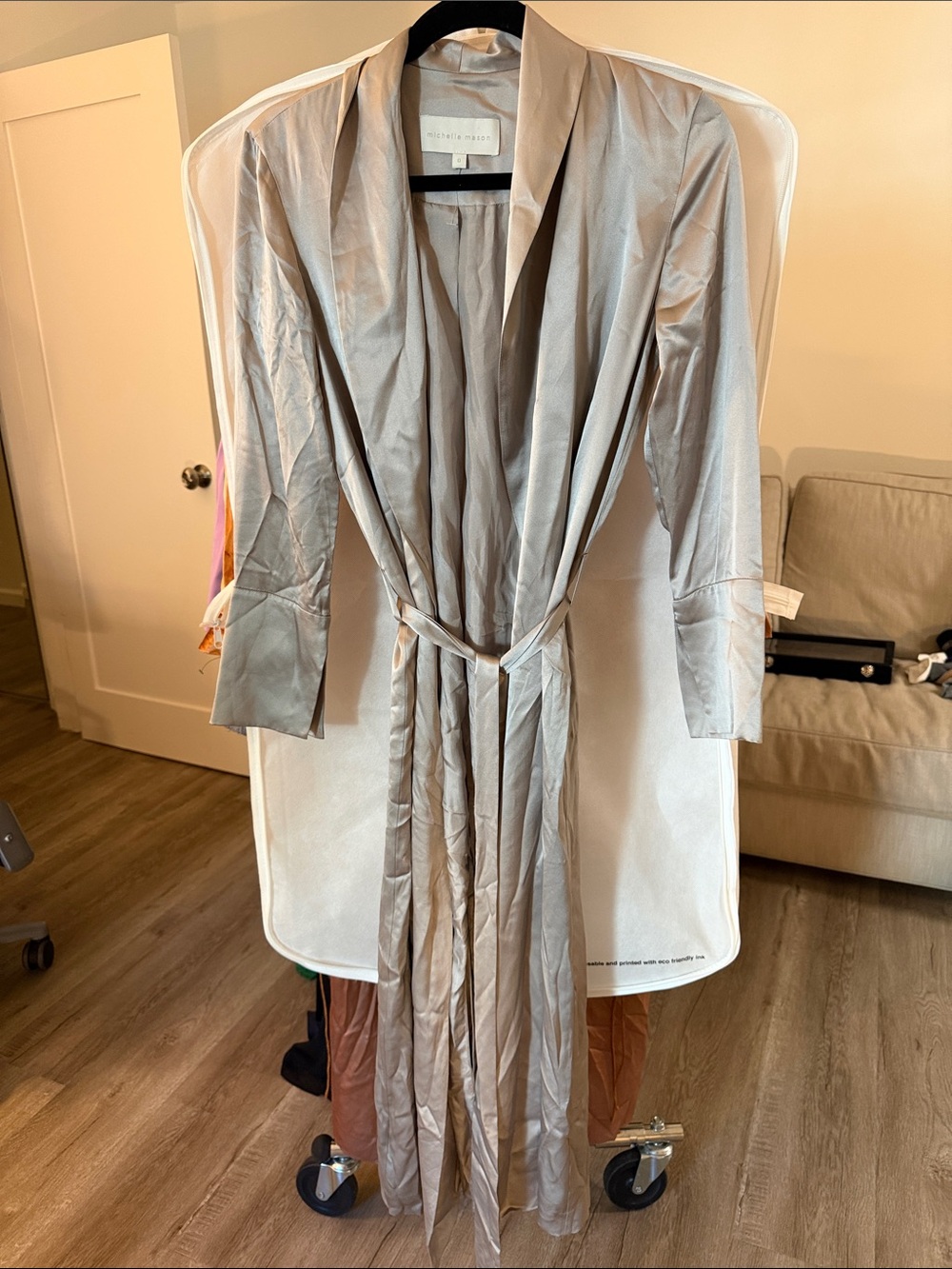 Michelle Mason Silver Satin Shawl-Collar Long Robe